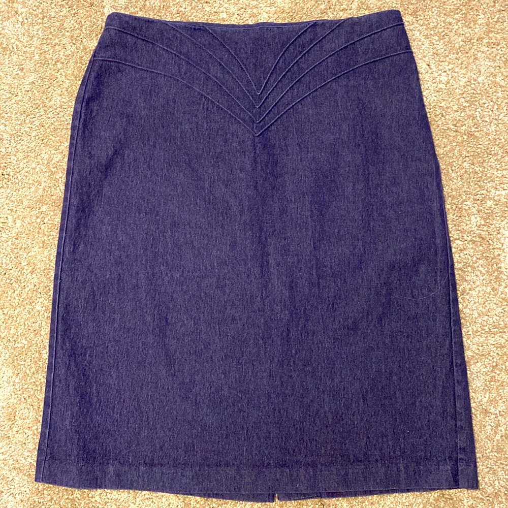 To the Max|| Dark blue denim pencil skirt with front design.